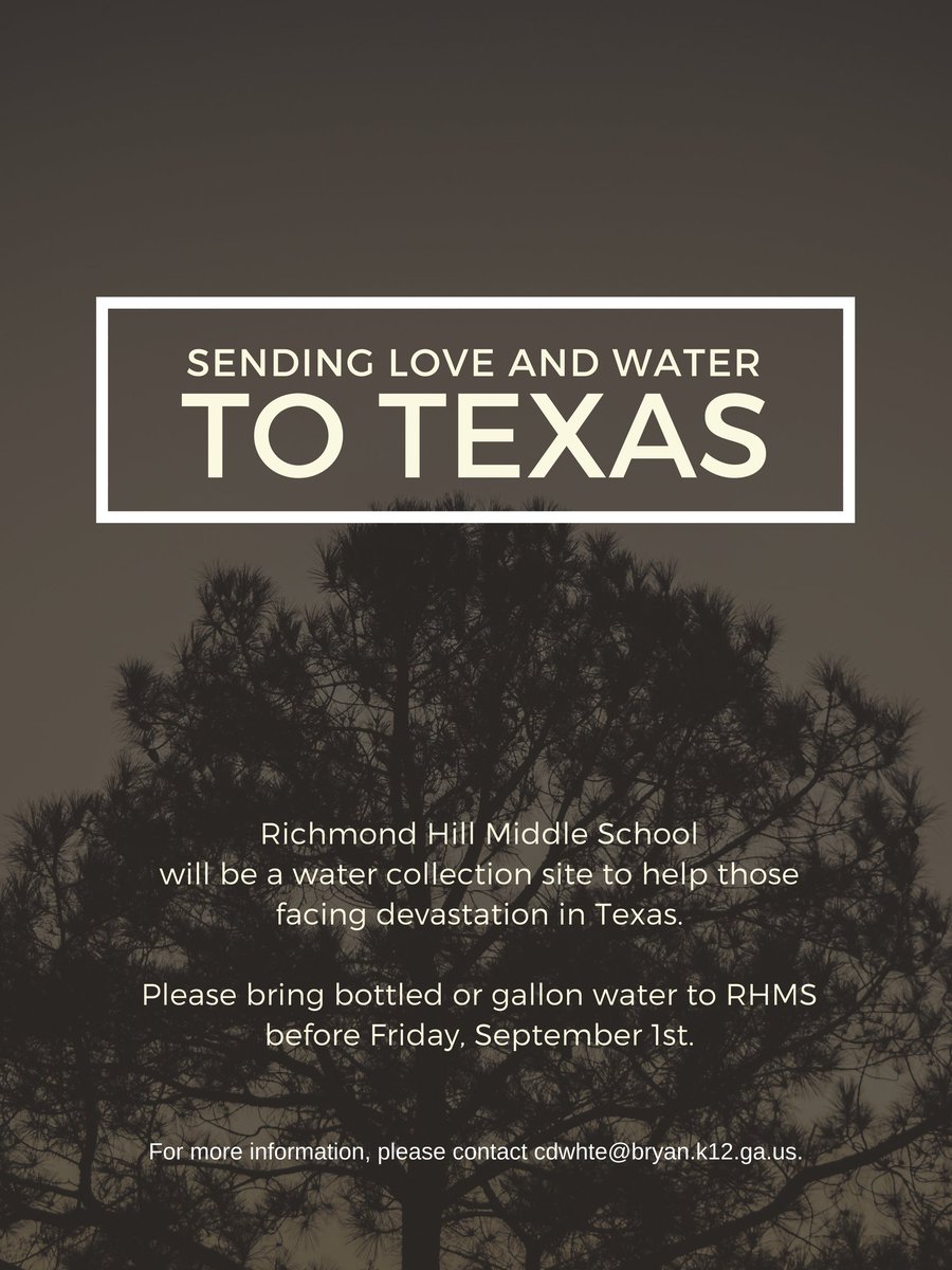 rhmsblackgold's tweet photo. Please bring water donations to RHMS before Friday to be sent to Texas.    #GodblessTexas #HurricaneHarvey #WeAreRHMS https://t.co/yy7U8Wi9uF