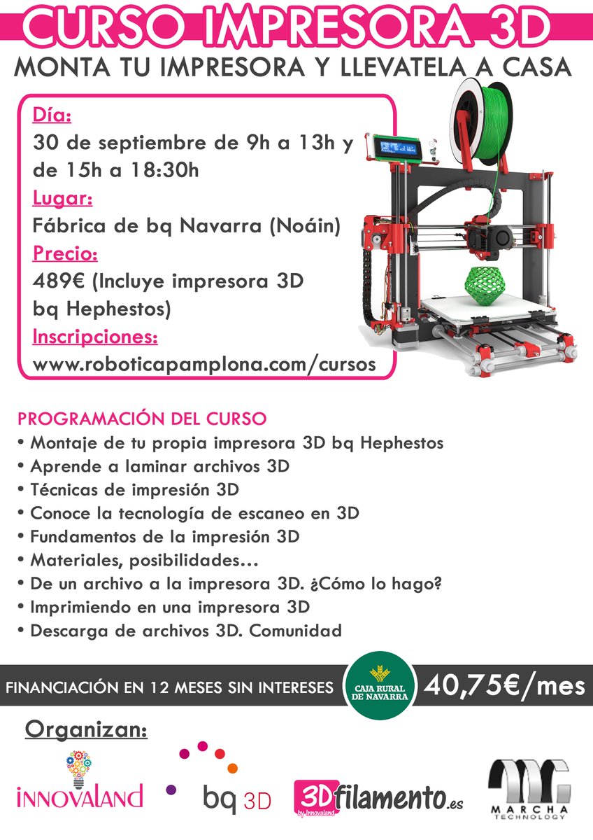 innovaland3d's tweet image. Abiertas inscripciones para taller &quot;monta tu  #impresora3D&quot; de la mano de expertos en #Pamplona . Inscripciones: 👉 goo.gl/forms/qrW1D2Yj…