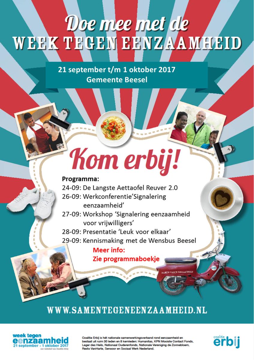 <a href="/Gemeente_Beesel/">Gemeente Beesel</a> @SyntheseWelzijn <a href="/CoalitieErbij/">Coalitie Erbij</a> Programma 'Week tegen de Eenzaamheid 2017' is gereed. Inschrijving activiteiten staat open.