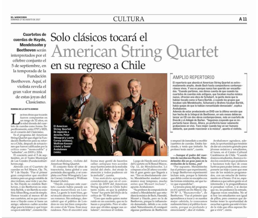 beethovenorg's tweet photo. "Conocemos a Haydn como si fuera un amigo..." https://t.co/38ynnnZUXF @ElMercurio_cl #AmericanStringQuartet este 5 de sept en @tmlascondes https://t.co/SqJQhjXGEm