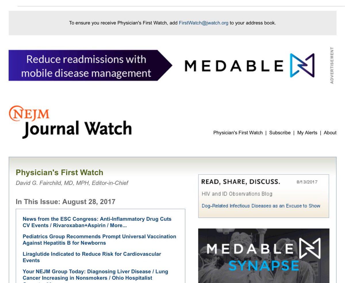 LongmireMD's tweet photo. Loved seeing @medableinc banner across top of my @NEJM @JWatch Newsletter this am - time for #DirectToPatient Healthcare https://t.co/ErwxaIbQxY