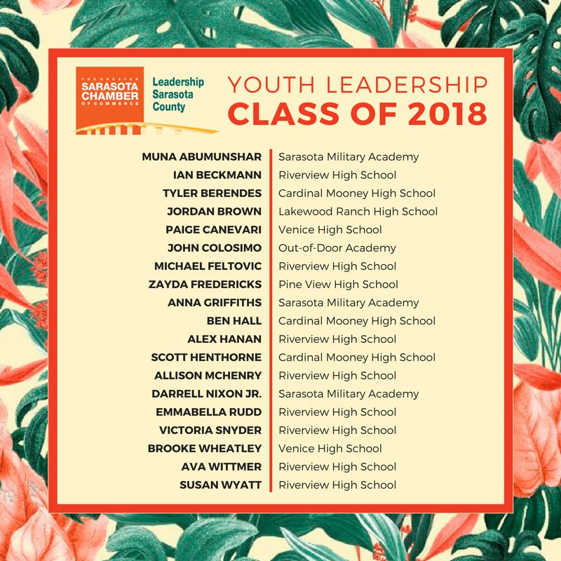 LeadershipSRQ's tweet photo. CORRECTED YOUTH LEADERSHIP CLASS LIST! We are excited to have all of these great future leaders of Sarasota! #youthleadership https://t.co/Z8APt3ZawU