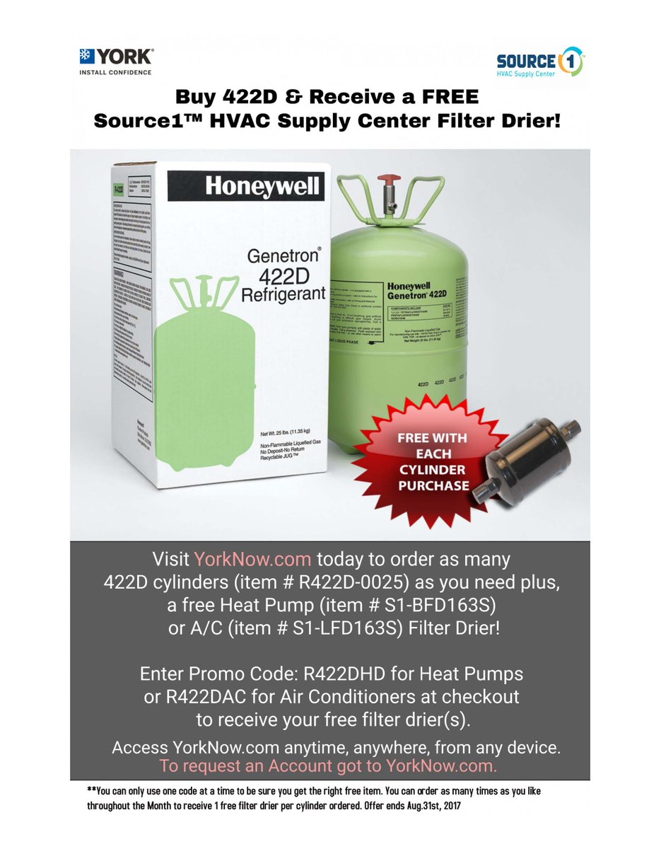 Source1hvac's tweet photo. Stock up on 422D refrigerant during August and get a #free Source1 HVAC Supply Filter Dryer. Order online at https://t.co/GBOAG91uQR. https://t.co/yKn7Nq0fhD