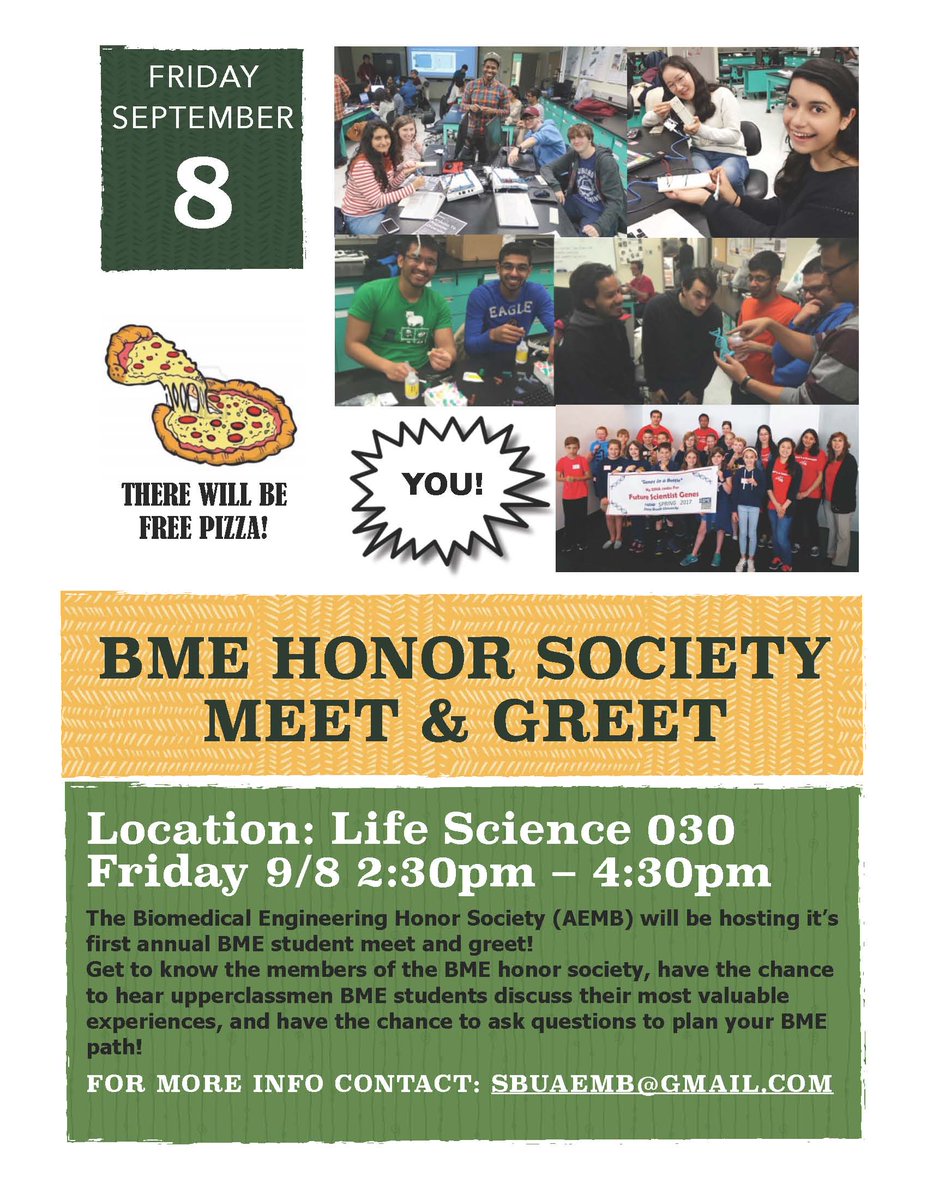 bmestonybrook's tweet photo. Join the members of AEMB for a meet and greet on Friday, September 8th 2:30-4:30 PM in Life Sciences 030. #SBUBME #CEASEngineers #SBUAEMB https://t.co/tyPa2jf96f