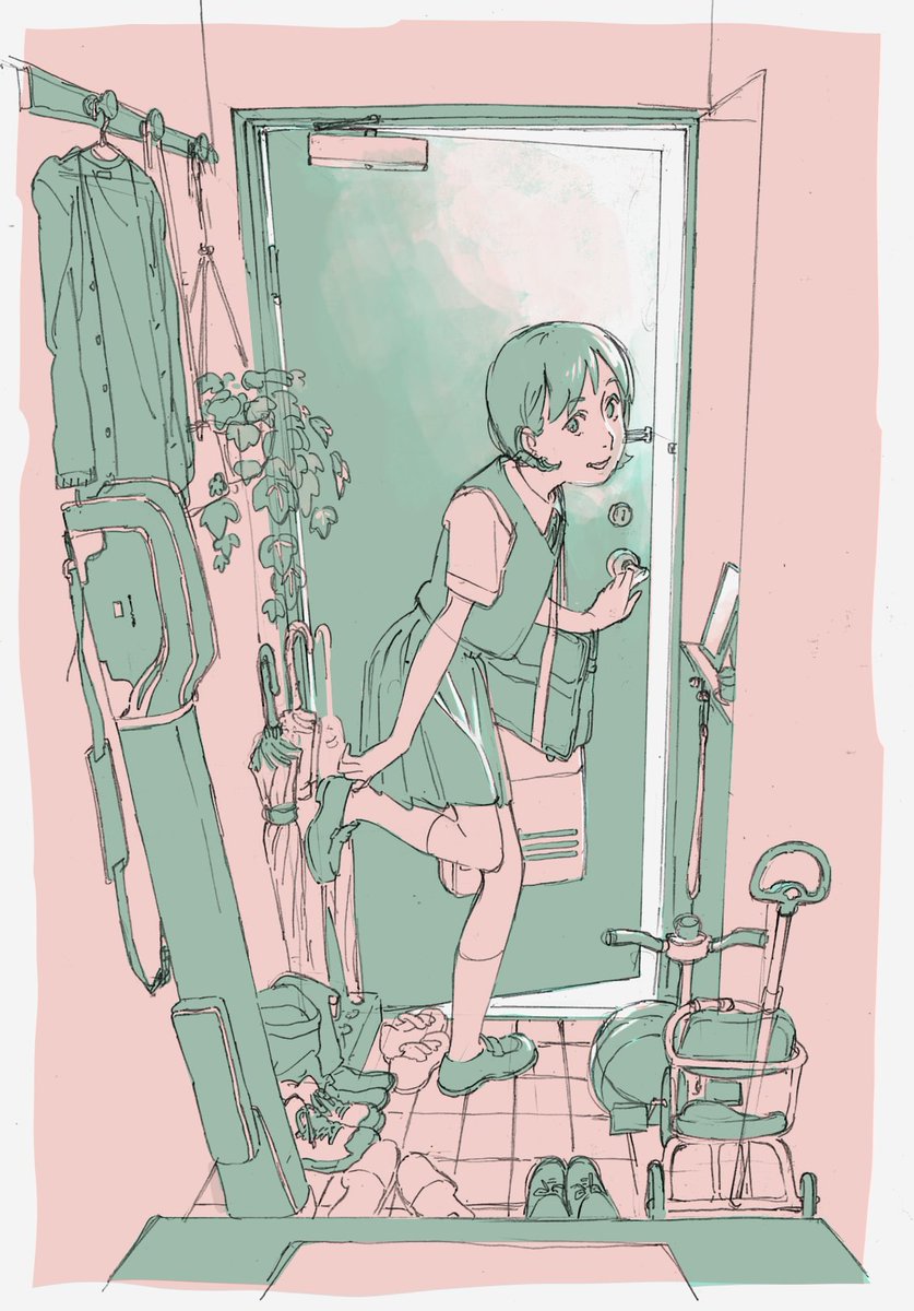 1girl solo shoes short hair socks umbrella skirt  illustration images