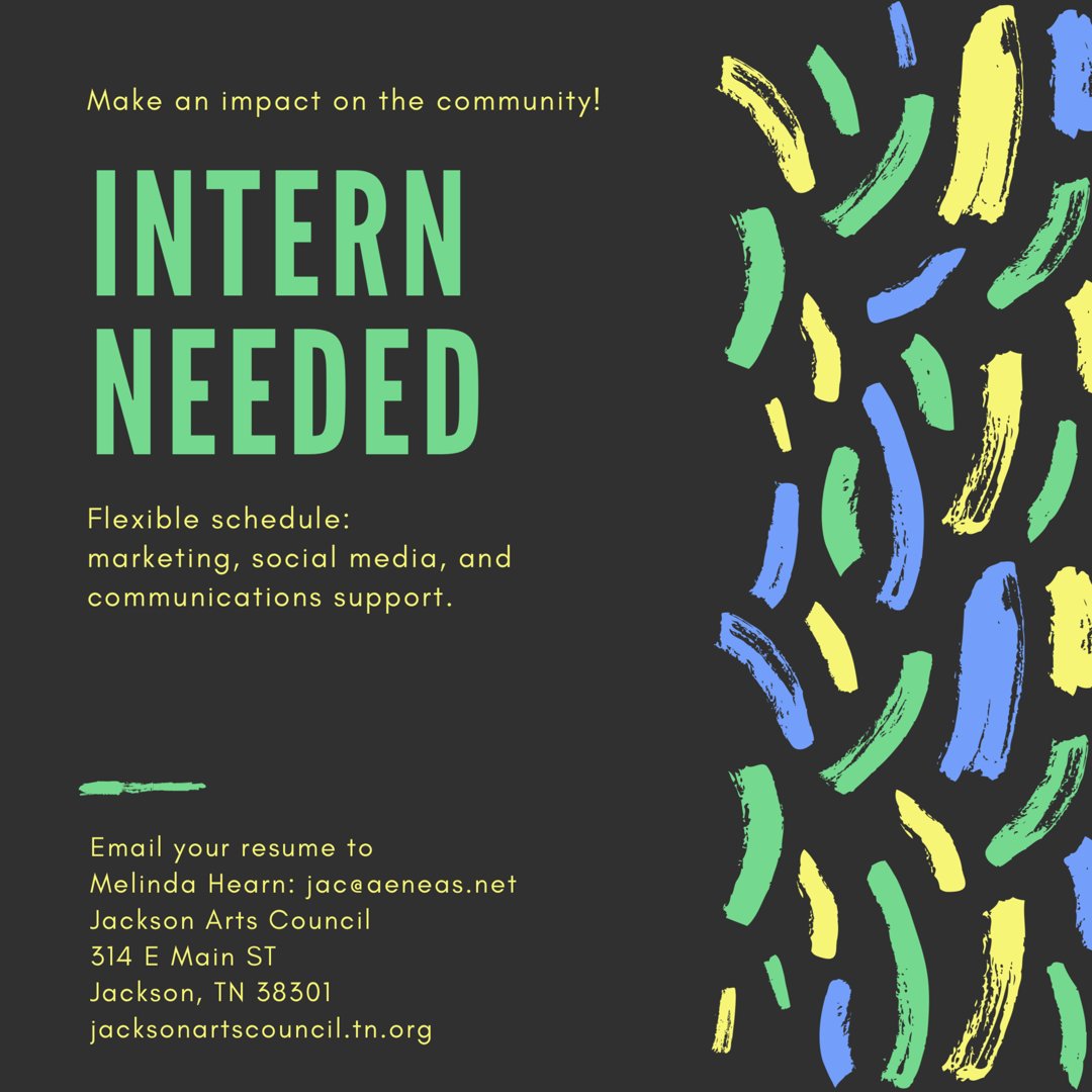 JacksonArtsCoun's tweet photo. Are you looking for a unique and fulfilling internship? We'd love to meet you! #acceptingapplications #fulfillingopportunity #jacksontn https://t.co/T1juz3jCbU