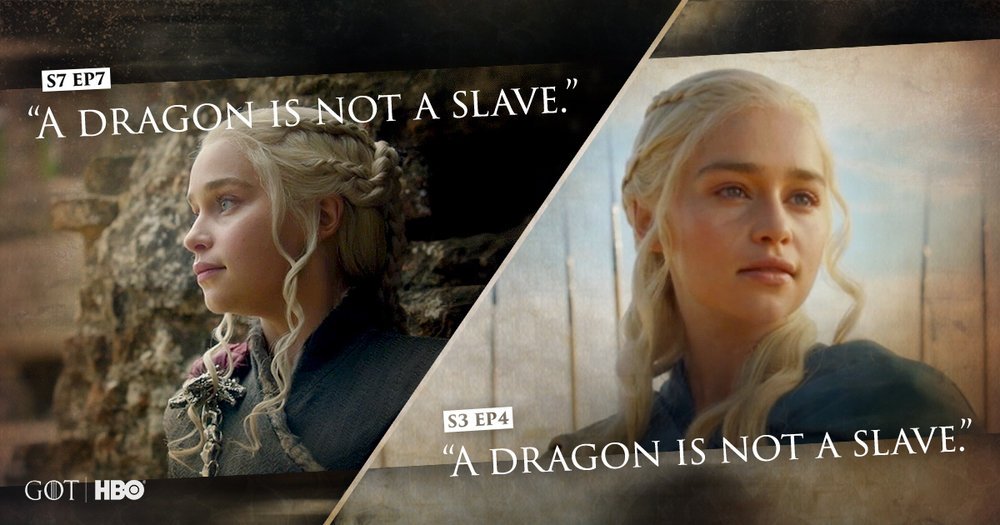 GameOfThrones's tweet photo. "A dragon is not a slave."
Many things have changed, but this #ThronesThrowback is not one of them: https://t.co/ZFNmZnu96W #GoTS7 https://t.co/aQkSknHjJ9