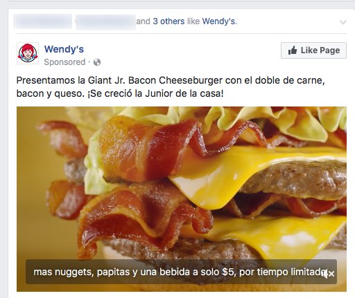 AldenDale's tweet photo. Well, someone messed up the targeting. I'm getting an ad for a burger in Spanish! https://t.co/c0xBbyRcjE