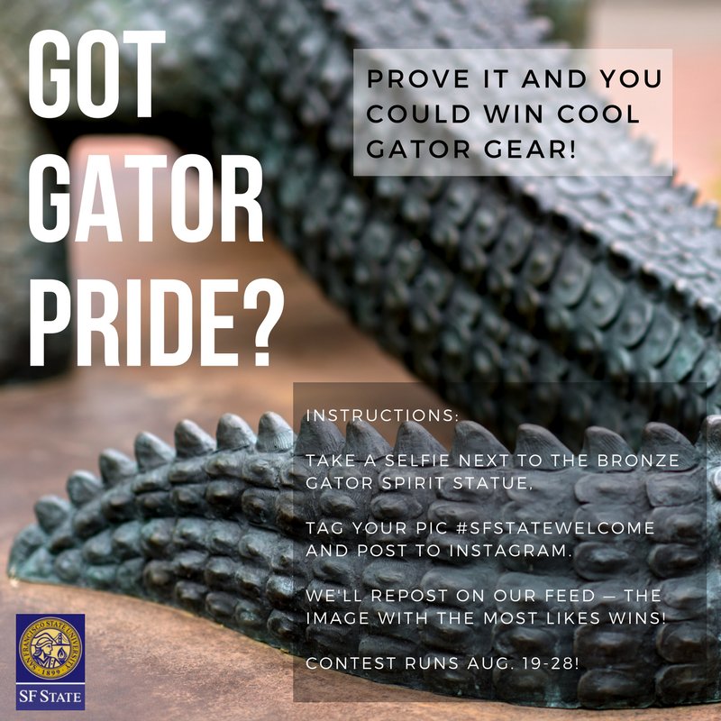 SFSU's tweet photo. Show off your #Gator pride! We’re launching an Instagram photo contest. Follow us to join the fun! #SFStateWelcome https://t.co/H1P91izGs5 https://t.co/MxhXW1C9U7