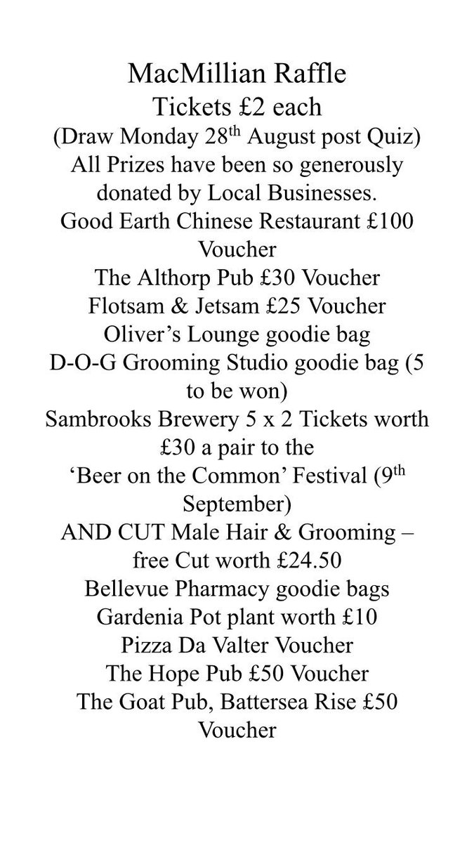 PubTheHope's tweet photo. So tonight's the night! @macmillancancer we are announcing the winners of our Charity Raffle, 25 amazing prizes, tickets on sale until 10pm https://t.co/dfx5oeagai
