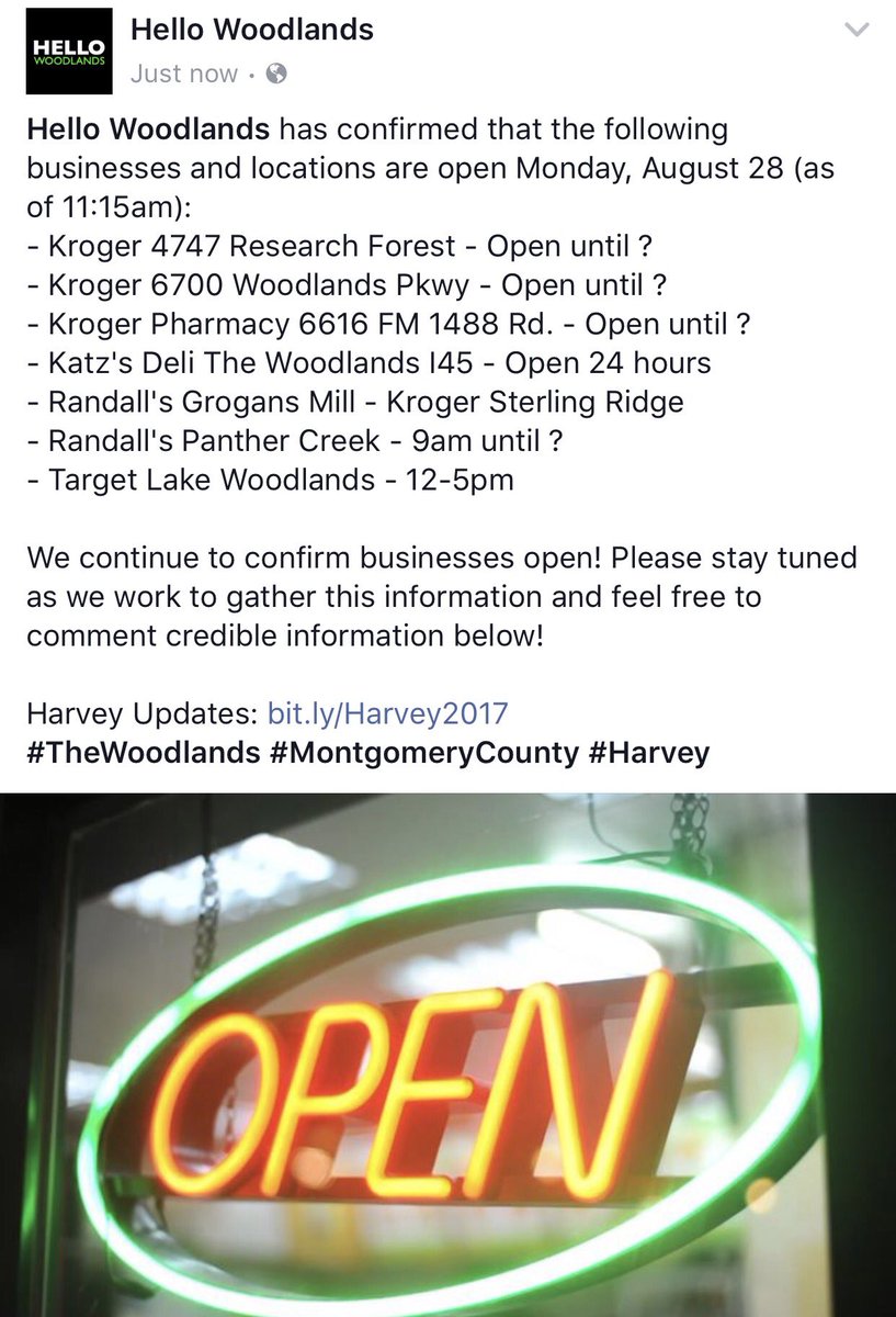 We have confirmed the following businesses are open today #TheWoodlands #montgomerycounty #harvey