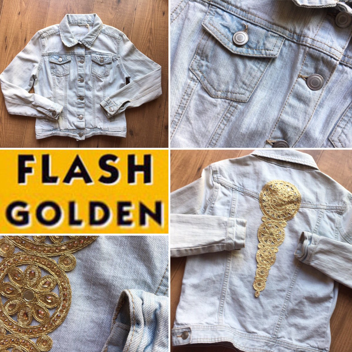Pale denim jacket with embellished golden thread design. £34.99. Size 8. quintonclothing.com #streetstyle #womenswear #jacket #denim