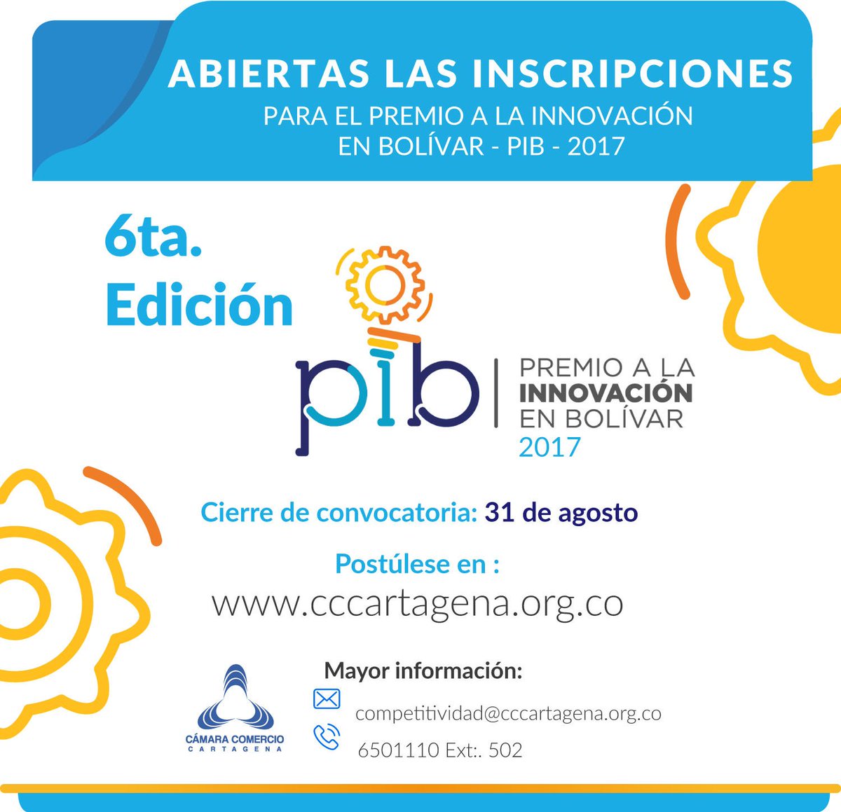 ConsejoGremialB's tweet photo. ¡Abiertas las inscripciones al #PIB2017 de @camcartagena! Postula a tu empresa en el siguiente link ----> https://t.co/MivpQ7r4xC https://t.co/RzogzTJikV
