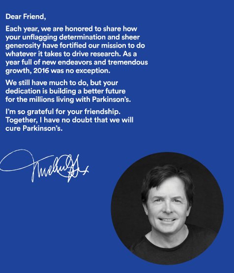 MichaelJFoxOrg's tweet photo. We funded $90 million in research for #Parkinsons last year. Our 2016 Annual Report shows just how we did that:  https://t.co/2814ja0hiF https://t.co/JFcg5cZMMB