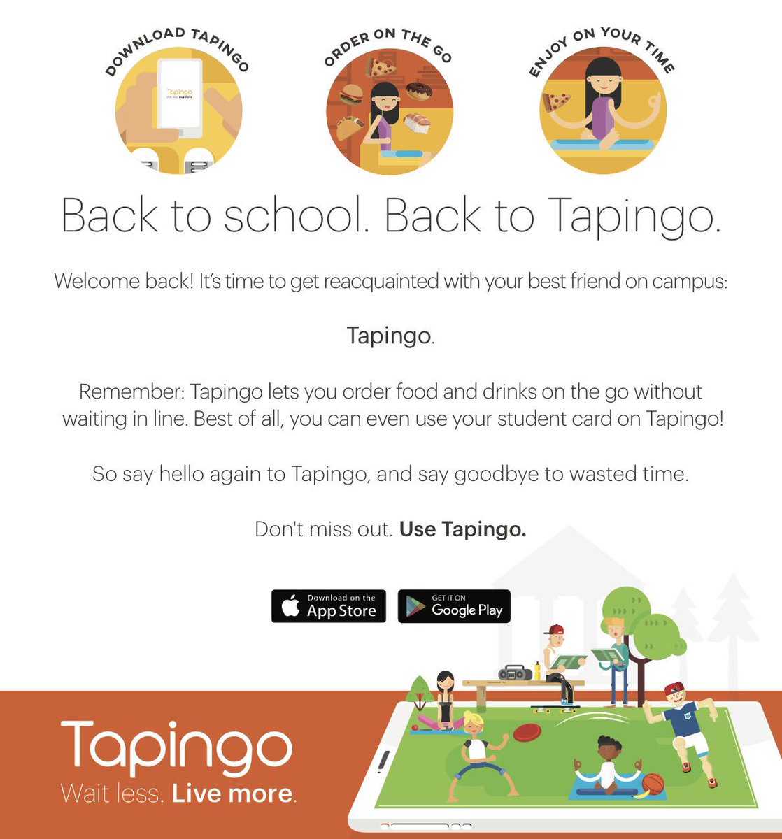 ZagDining's tweet photo. Back to school. Back to Tapingo. Order your food and drinks on the go without waiting in line! #Tapingo #WaitLessLiveMore https://t.co/DLrD4M1vWM