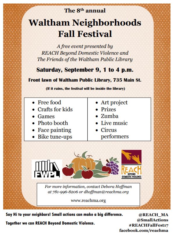 CityofWaltham's tweet photo. The 8th annual @SmallActions Waltham Neighborhoods #REACHFallFest17 will be held on Saturday, September 9th, 1-4pm! https://t.co/db0cD5wcEK https://t.co/63lNAxZ0kE