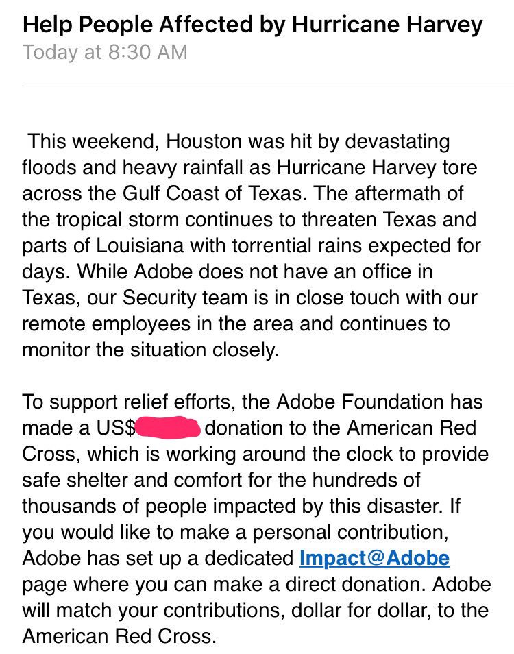 coderica's tweet photo. My deepest gratitude to the @Adobe social impact team. My thoughts are with friends &amp; family back home. #AdobeLife #HarveyRelief ❤️ https://t.co/WAh6cuuEV5