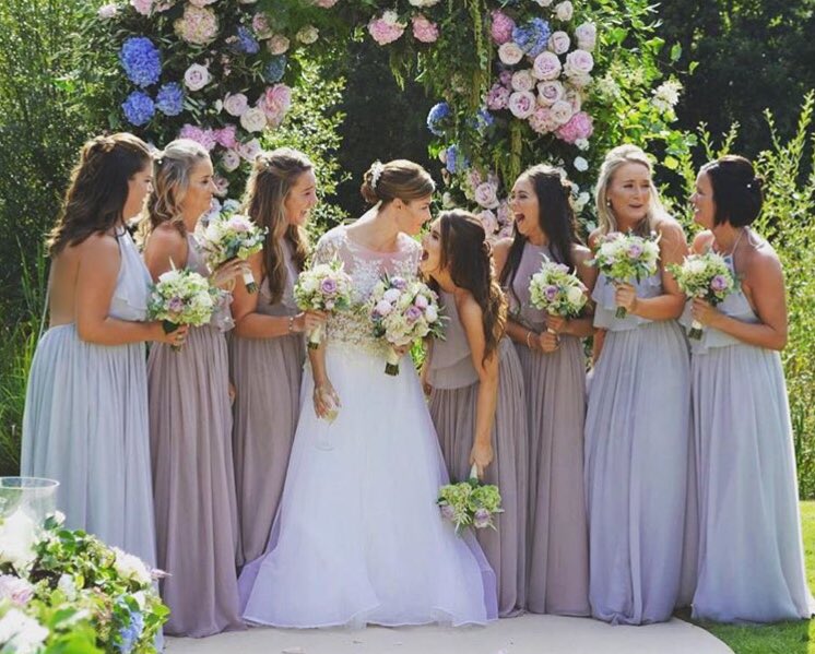 Fairytale fantasy. Stunning bride Laura wears <a href="/rmilliamcouture/">Ruth Milliam Couture</a> with bridesmaids wearing our Olympia gown. thandth.com 💕
