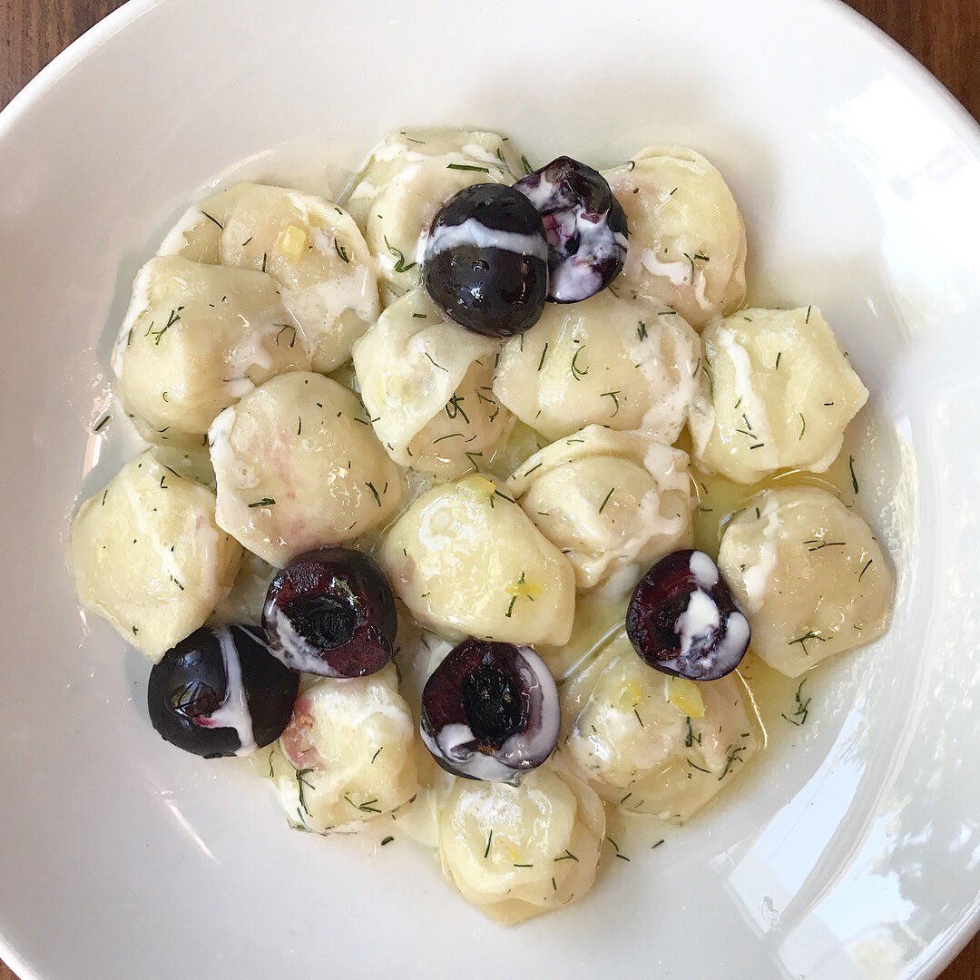 36double18's tweet photo. Tomorrow is dumpling day @rayrestaurant!! These are pelmeni w potato and caramelized onions, dill and cherries. https://t.co/R9ggNUgX6D