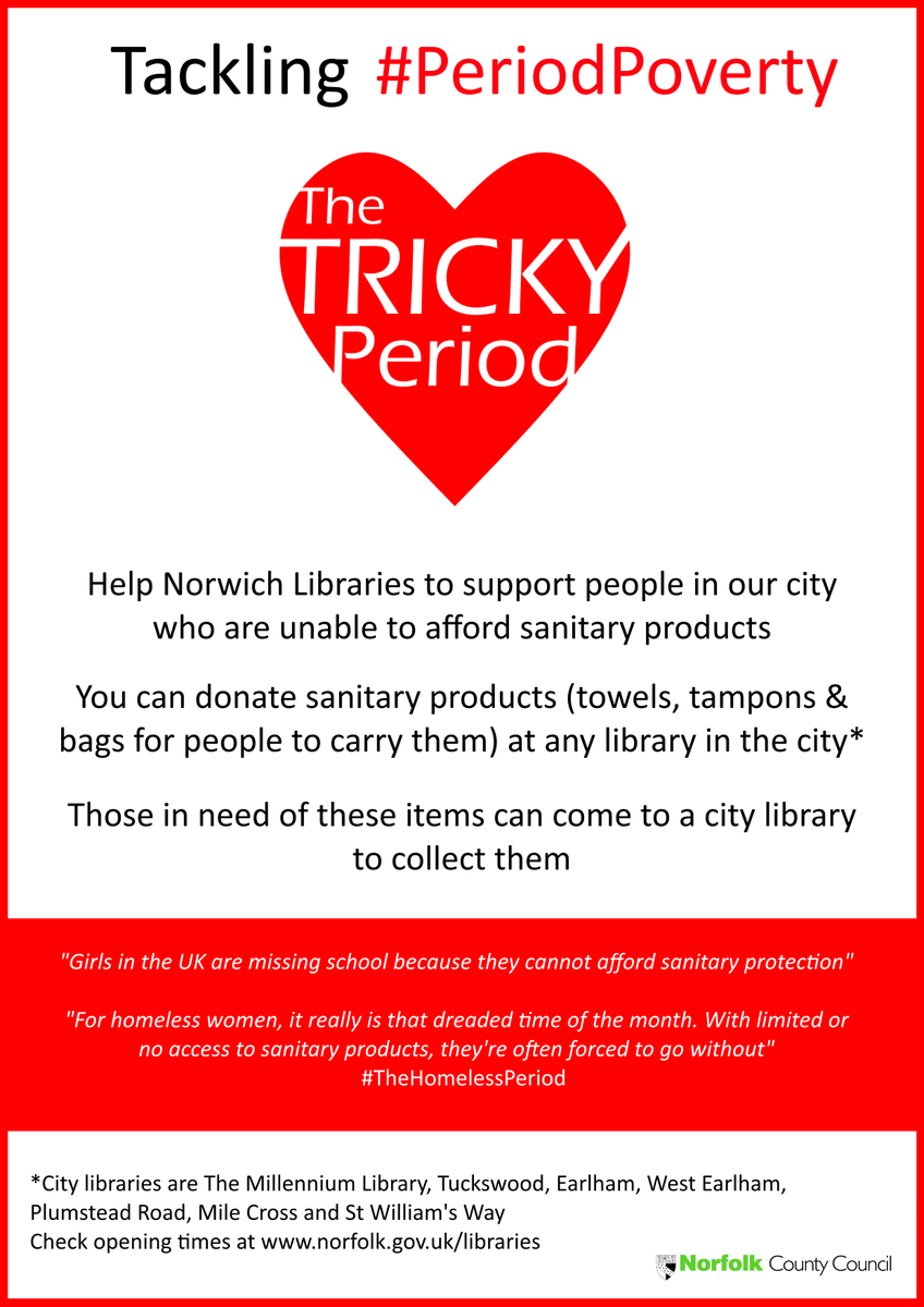 NorfolkLibs's tweet photo. Donate sanitary products to Norfolk Libraries to support the launch of a new service from Norwich libraries #periodpoverty https://t.co/Rm4HwAqTKu