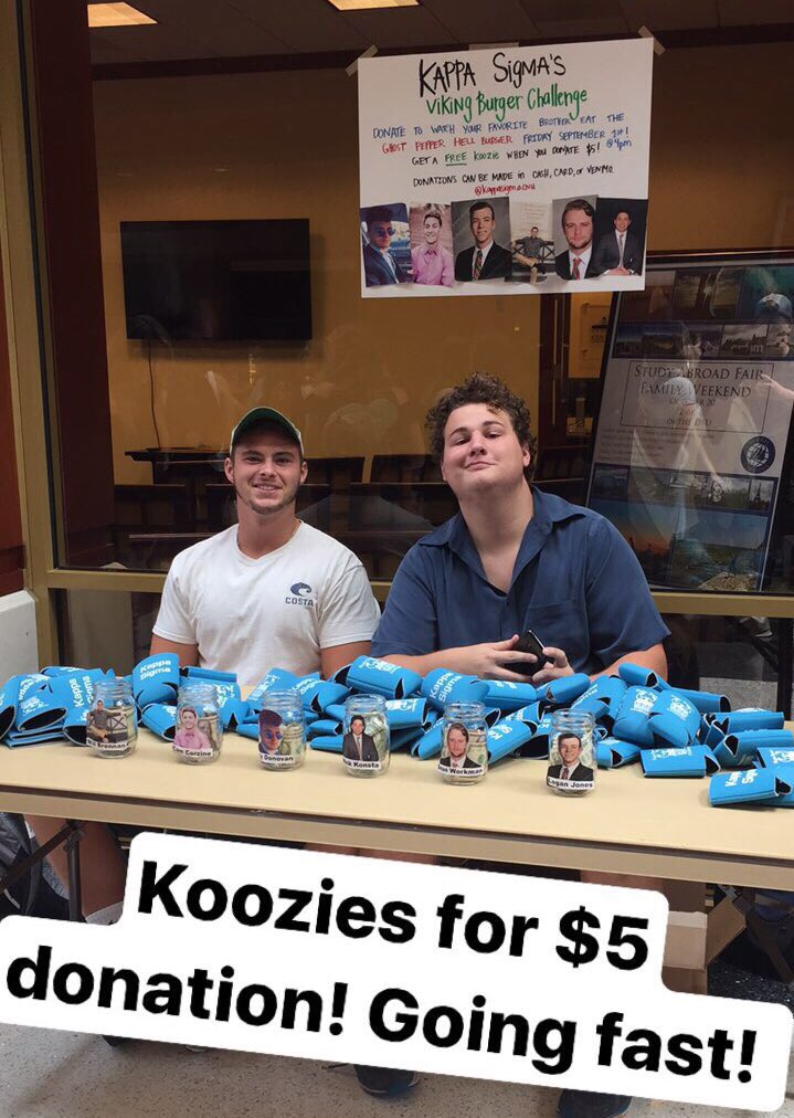 KappaSigmaCNU's tweet photo. Viking Burger Challenge! Tabling in the DSU everyday this week 11-3. Koozies for $5 donation, going fast! https://t.co/DFabbTKhTy