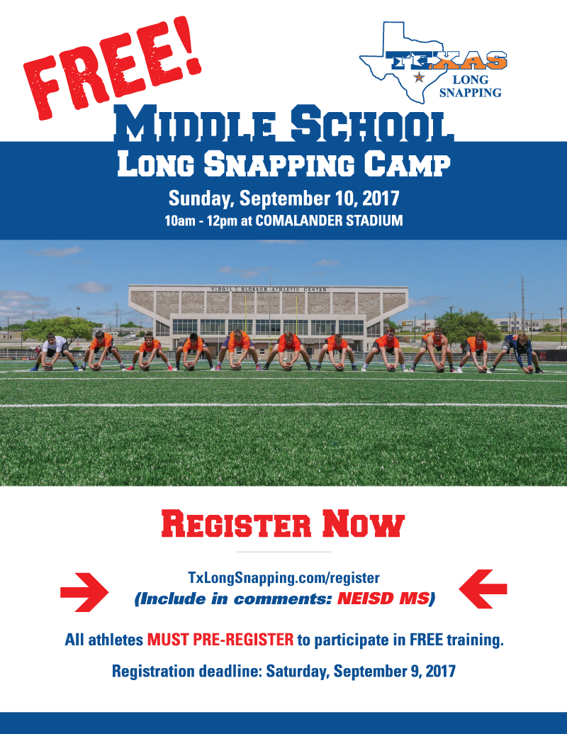 CONREYD1's tweet photo. Free NEISD Middle School Long Snapping Camp > Sun, Sept 10
Register Now > https://t.co/4tNO7lU2Qh
#TXLongSnapping #neisd #football #snapping https://t.co/MOOxsU5qxQ