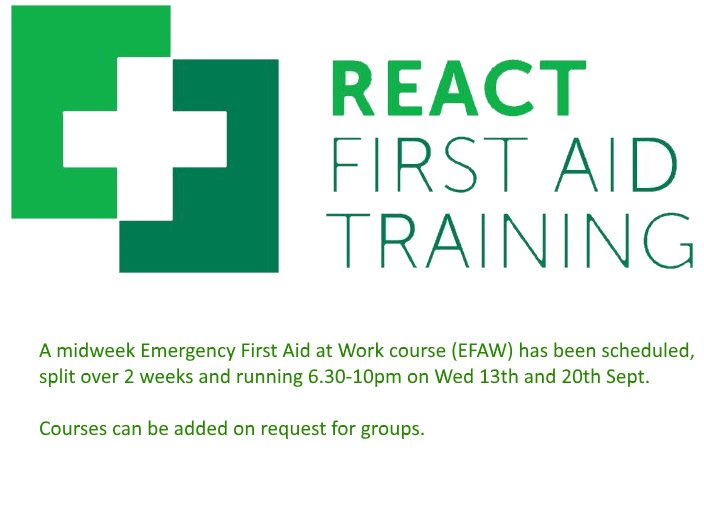reactfatraining's tweet image. A midweek EFAW course has been scheduled for September. To book on go to    reactfirstaidtraining.co.uk/book.html #cpr #savealife #firstaid #glasgow