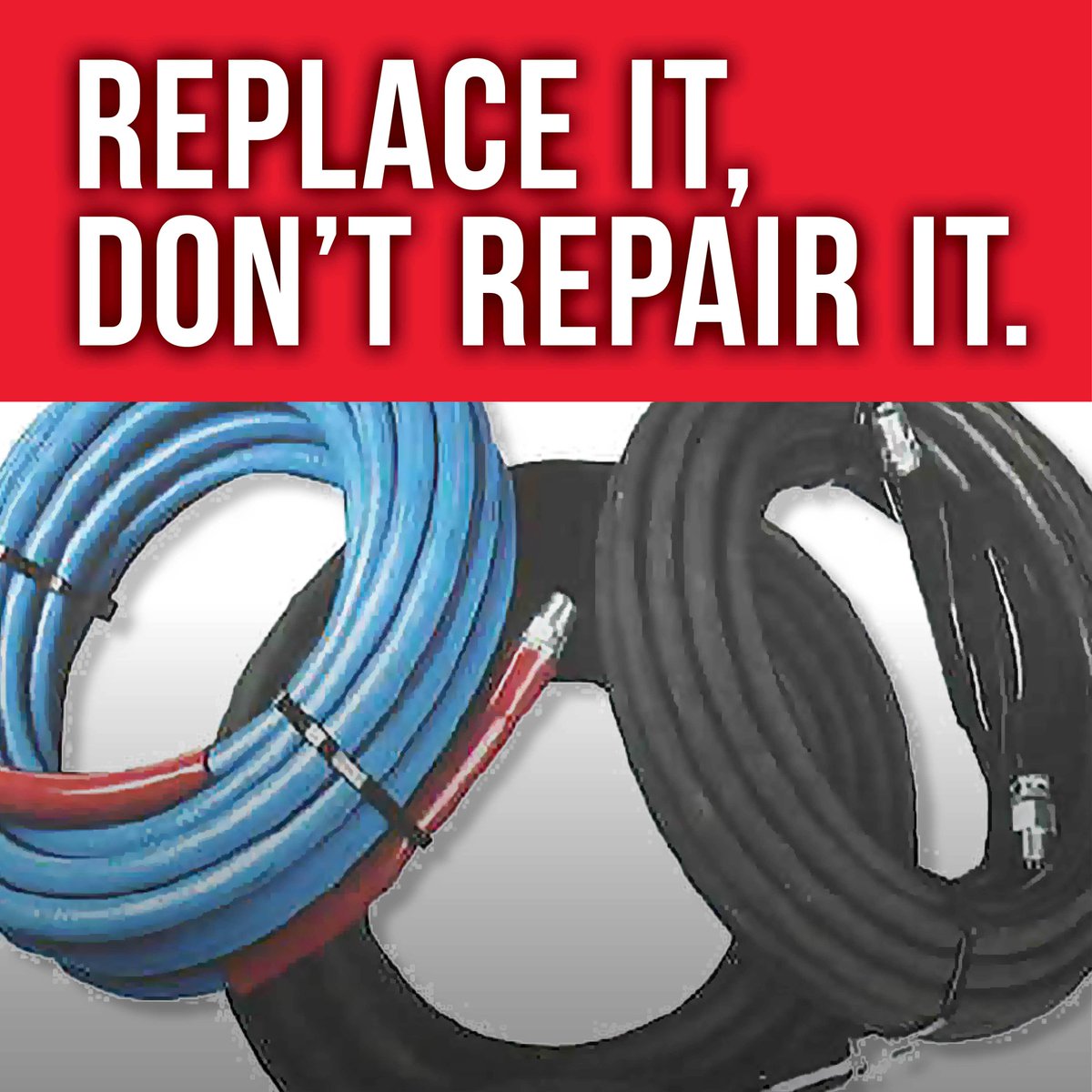 DSGequipment's tweet photo. Replace it, don’t repair it - stay safe and save more by replacing damaged pressure washer hoses. https://t.co/L2gqibpLDC #hosesafety https://t.co/82yK9qiddU