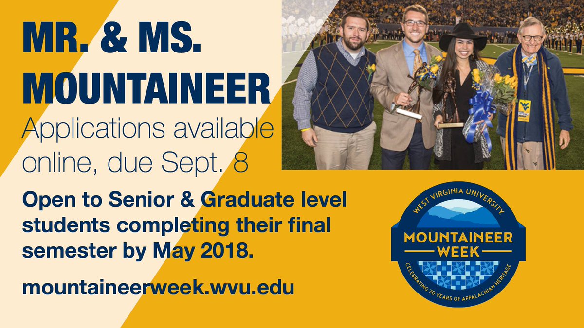 HonorsHallWVU's tweet image. Graduating @HonorsCollege students- apply for Mr/Ms Mountaineer! A great @WVUMtnrWeek tradition! App is due 9/8/17! bit.ly/2vlwFIO