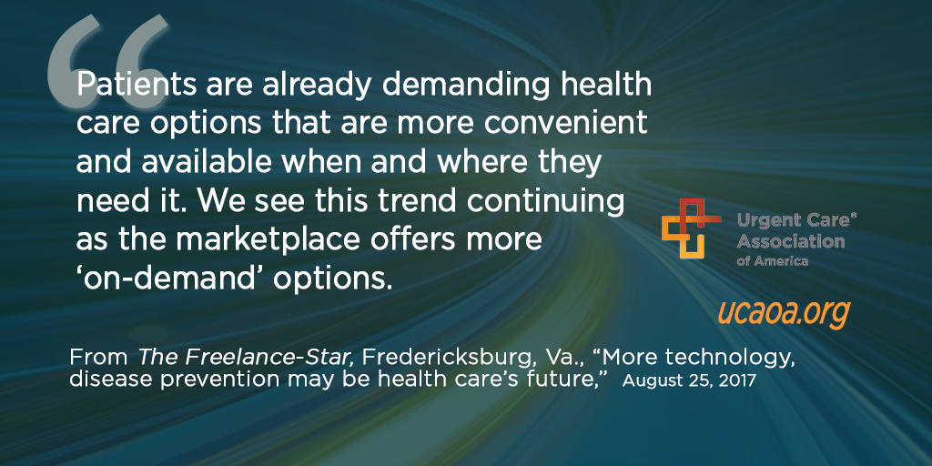 UrgentCareAssoc's tweet image. How will #tech play a role in #healthcare? As on-demand options grow, consumers need to know their options. bit.ly/2wbWzfa #UCAOA