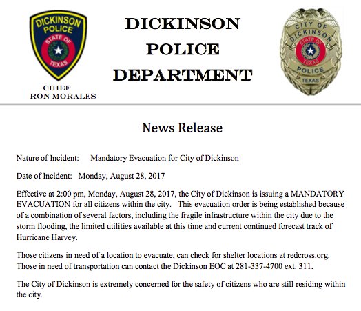 Dickinson calling a mandatory evacuation, citing fragile infrastructure, limited utilities and future weather #GalvNews #Harvey