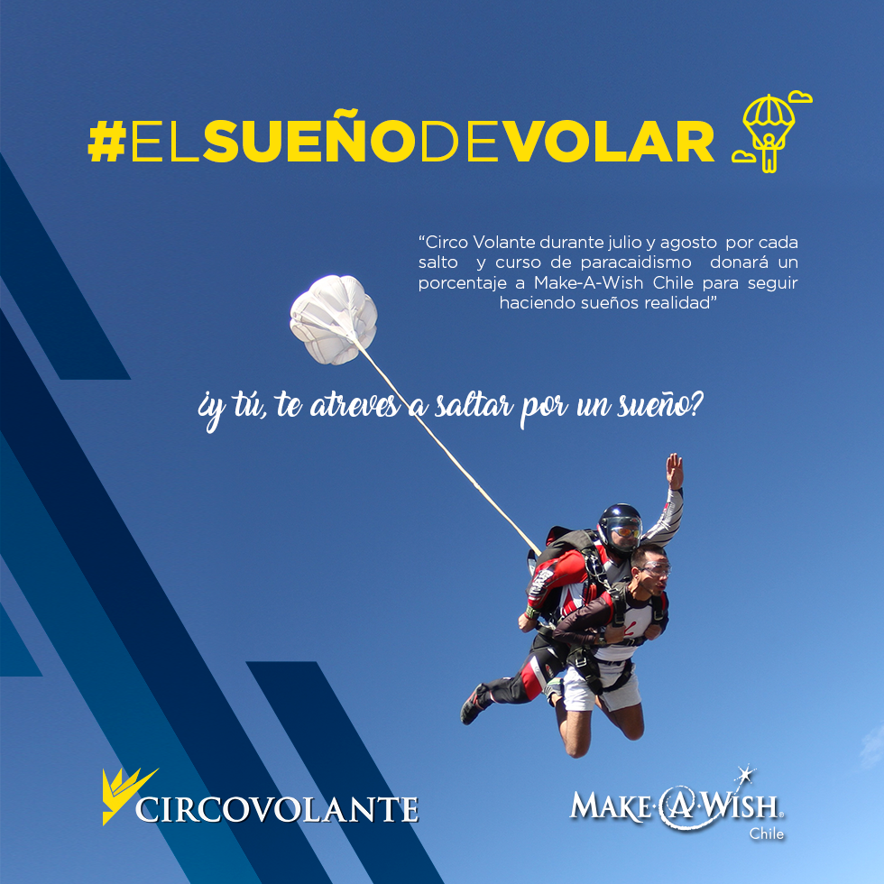 MakeAWishChile's tweet photo. Saltemos junto a C I R C O V O L A N T E! Organiza tu salto y un % será donado para seguir cumpliendo sueños a los niños #elsueñodevolar https://t.co/miwriszPJb