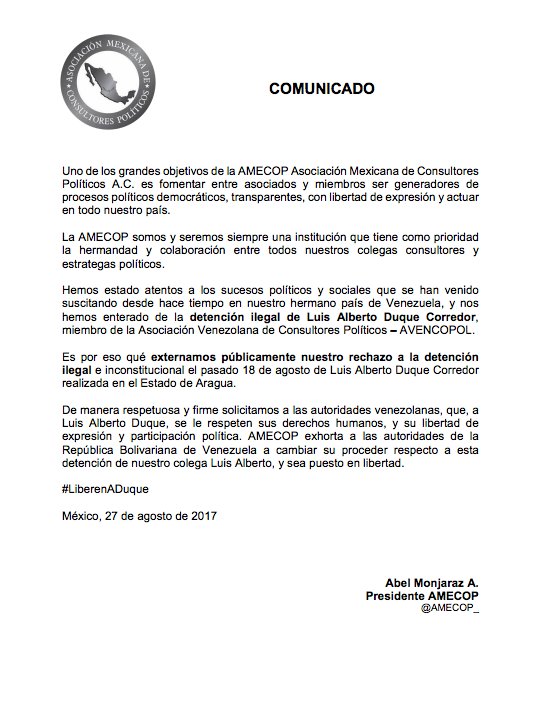 AMECOP rechazamos detención arbitraria de Luis Alberto Duque en Venezuela, nos sumamos a protesta emitida por <a href="/avencopol/">AVENCOPOL</a> #LiberenADuque