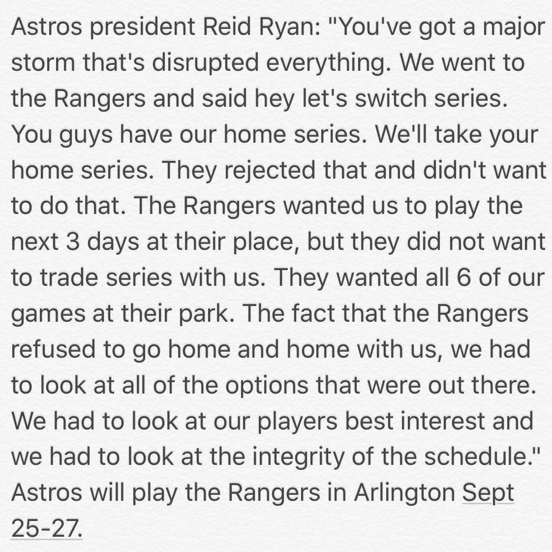 sal_castaneda's tweet photo. @Rangers The Texas @Rangers refused to accommodate Houston Astros request after Hurricane Harvey situation. https://t.co/fozTstSqtS