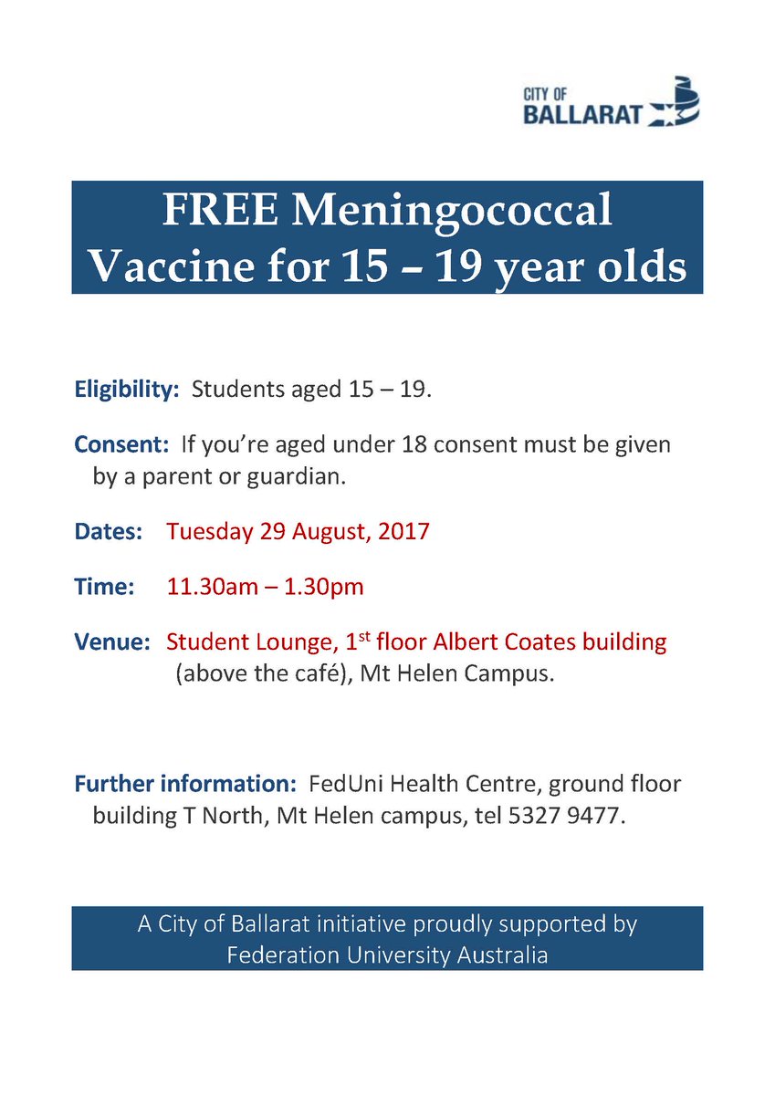 Reminder! There is still time!
FREE Meningococcal Vaccine for 15 – 19 year olds.
Where: Student Lounge at Mt Helen on Tuesday 29th August.