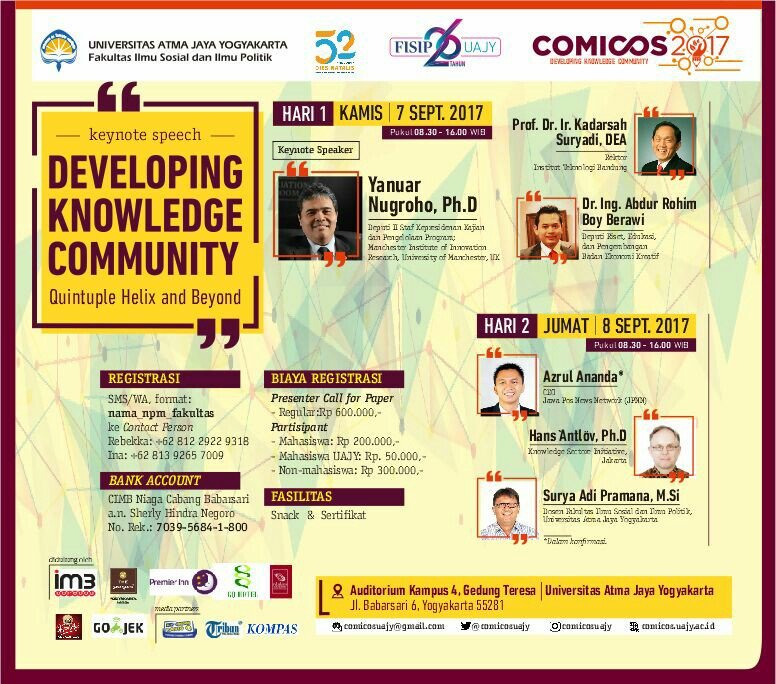 7-8/9/2017 08.30 Comicos 2017 "Developing Knowledge Community" | Aud. Kampus 4 Gd. Teresa <a href="/uajy/">Universitas Atma Jaya Yogyakarta</a>