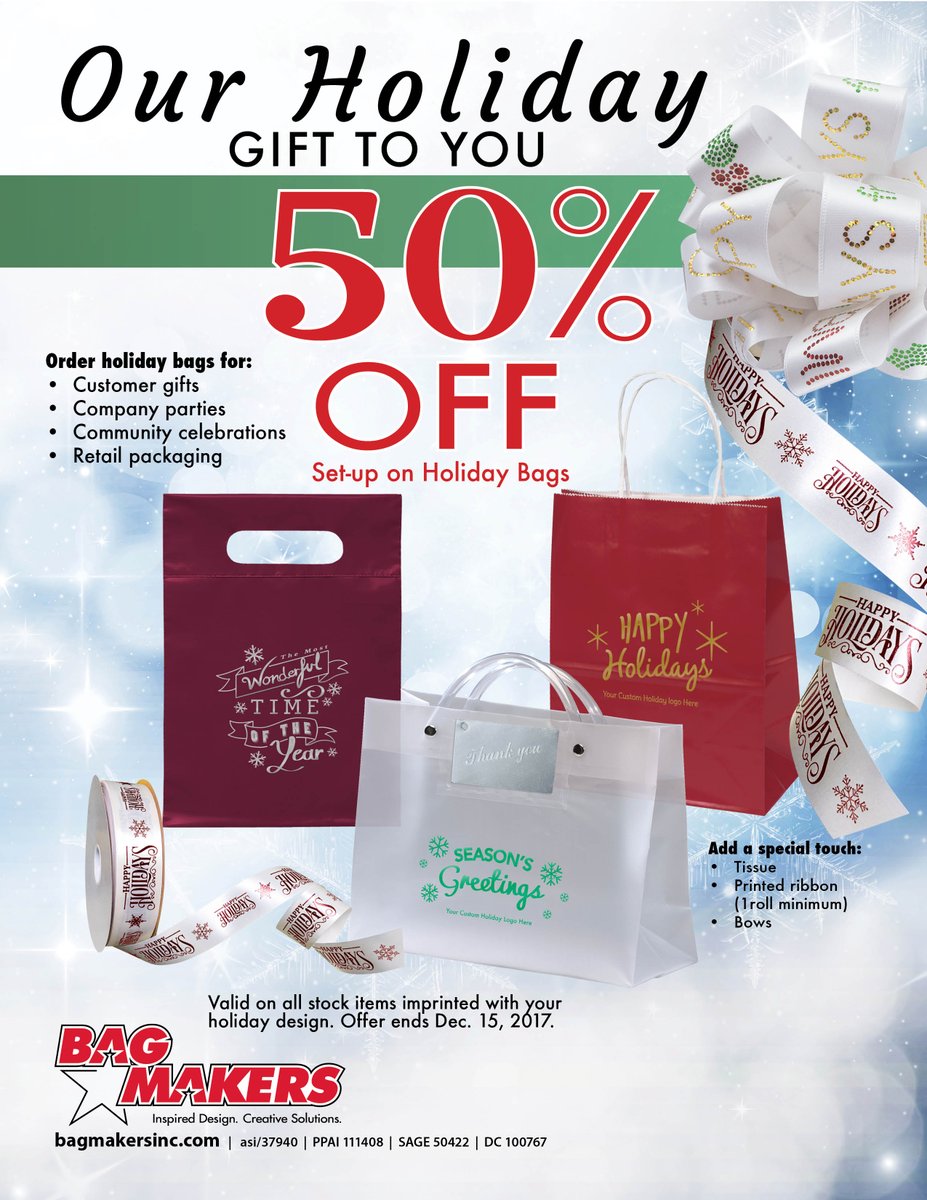 BagMakers's tweet photo. Celebrate the season with 50% off the set-up on your #holiday bag orders now thru Dec 15th. https://t.co/31nrpCUL86