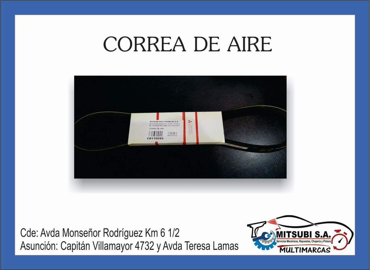 MitsubiParaguay's tweet photo. En Mitsubi Multimarcas Correa de Aire para L200 con 30% de descuento hasta el 31\08.Valido solo en Cde. Cotización al 0986.214.508 https://t.co/cwDXfPMlEj