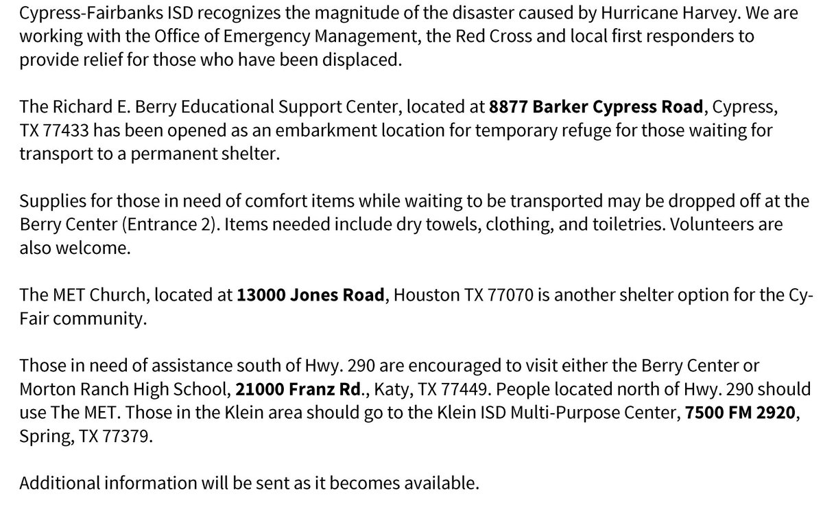 CyFairISD's tweet photo. UPDATE: The @BerryCenter has been added as a flood relief embarkment location. #HurricaneHarvey https://t.co/vmz7DEZW7W