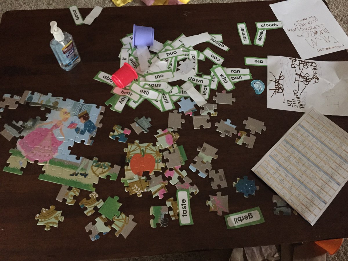LindsayONeill's tweet photo. My coffee table is a good indication of my life now...sight words, princess puzzle, stacking cups, a pacifier, school lunch menu, and purell https://t.co/uySFEVOQsQ