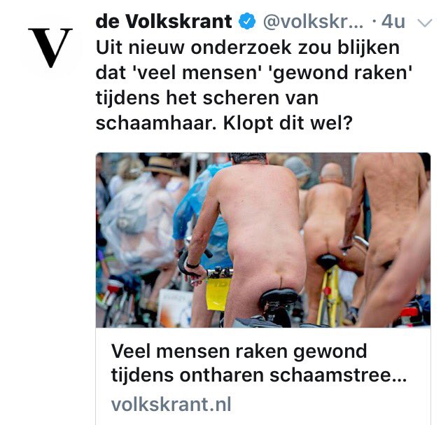 Op de redactie: Hmm, een stuk over het scheren van schaamhaar.. Iemand: en dan met een foto van blote mensen op een fiets? Ja ja, perfect! 🤔
