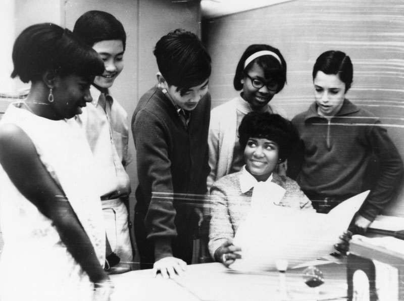 Dorothy Sams, a teacher at Audubon Junior High, meets with students 