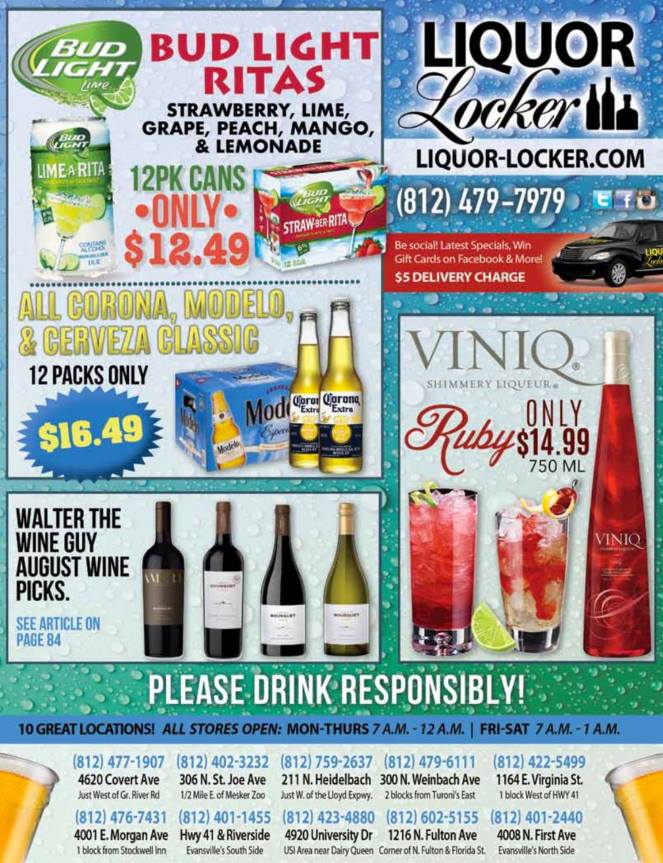Cheers to August SPECIALS at #LiquorLockerEVV. From Lime-A-Ritas to our monthly wine picks, stop by any of the 10 Evansville locations!