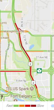 NewsRadioCGY's tweet photo. #yyctraffic Crash on NB Deerfoot just past McKnight has traffic thick from Memorial Drive, and building #Ominously https://t.co/6IB2Fhb3Qd