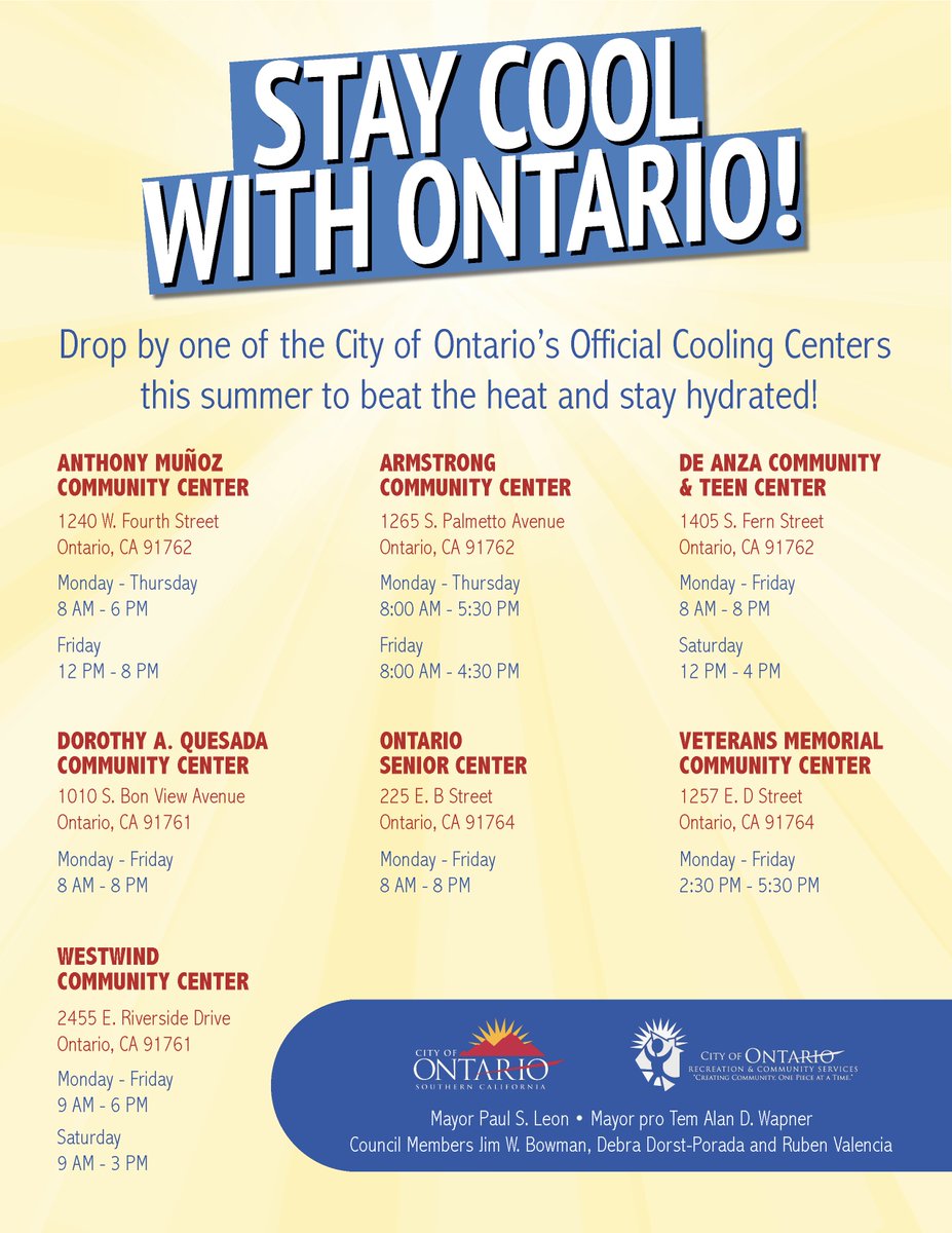CityofOntario's tweet photo. Need to beat the heat? ☀️ We have Cooling Centers open until 8 PM! Read here to find a Cooling Center near you 👉 https://t.co/RawI8Kyrtc https://t.co/IDxqIKrrTm