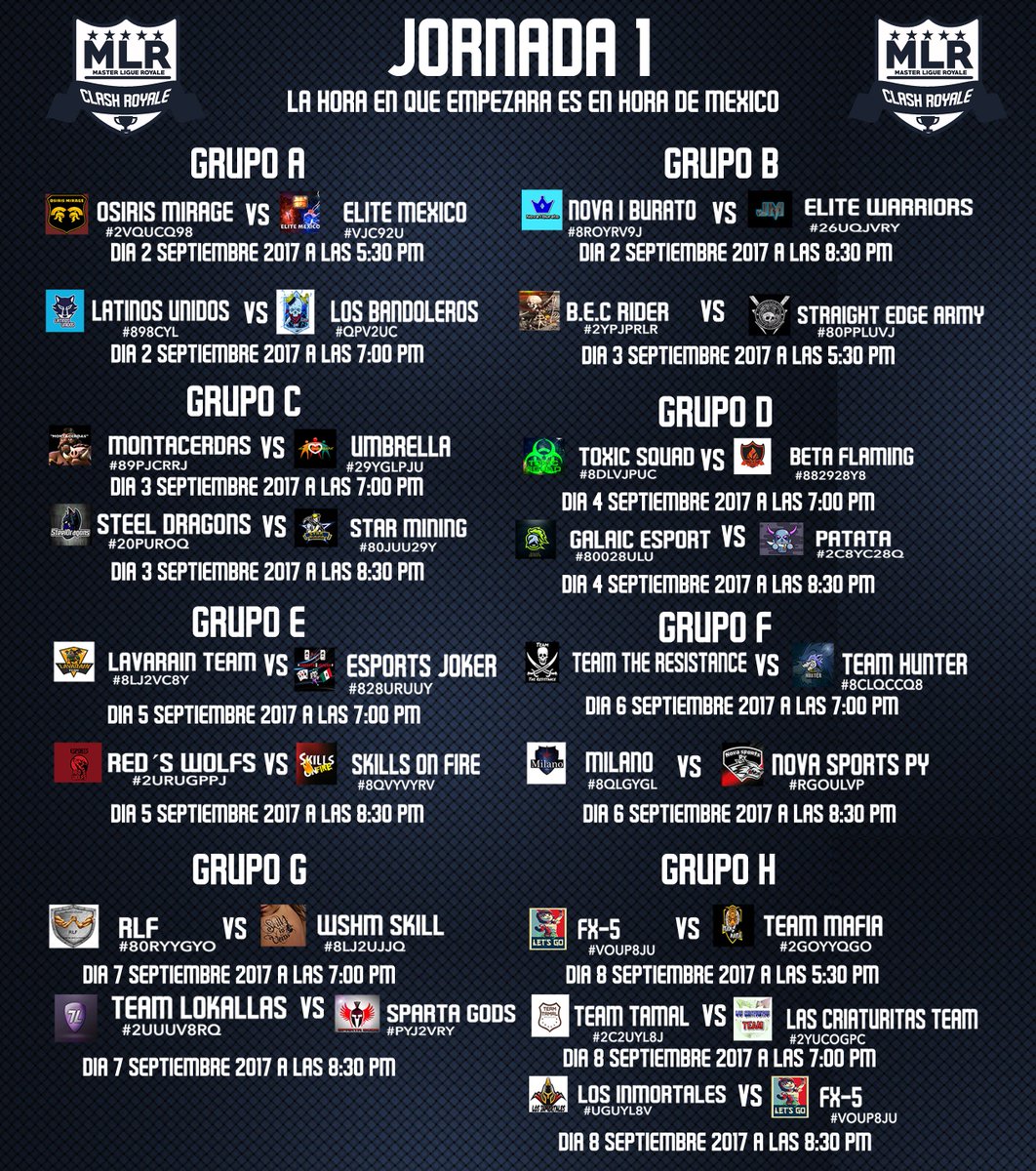 LigueRoyale's tweet photo. Esto son los horarios de la jornada 1 #clashroyale #MLR #ClashRoyaleTournament https://t.co/CzqIpiU2Ep