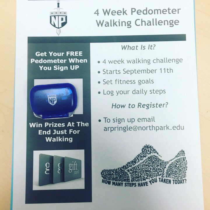 NPUHelwigRec's tweet photo. Start the school year off on the right foot with our pedometer challenge! Email arpringle@northpark.edu for more info &amp; to register!🚶🏽🚶🏼‍♀️ https://t.co/BE5cKhVqXg