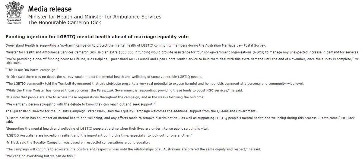 KJBar's tweet photo. STATEMENT: Four NGOs in Qld are getting extra $$ to manage any increase in demand for LGBTIQ mental health services during the postal survey https://t.co/ROE8rC5EGz