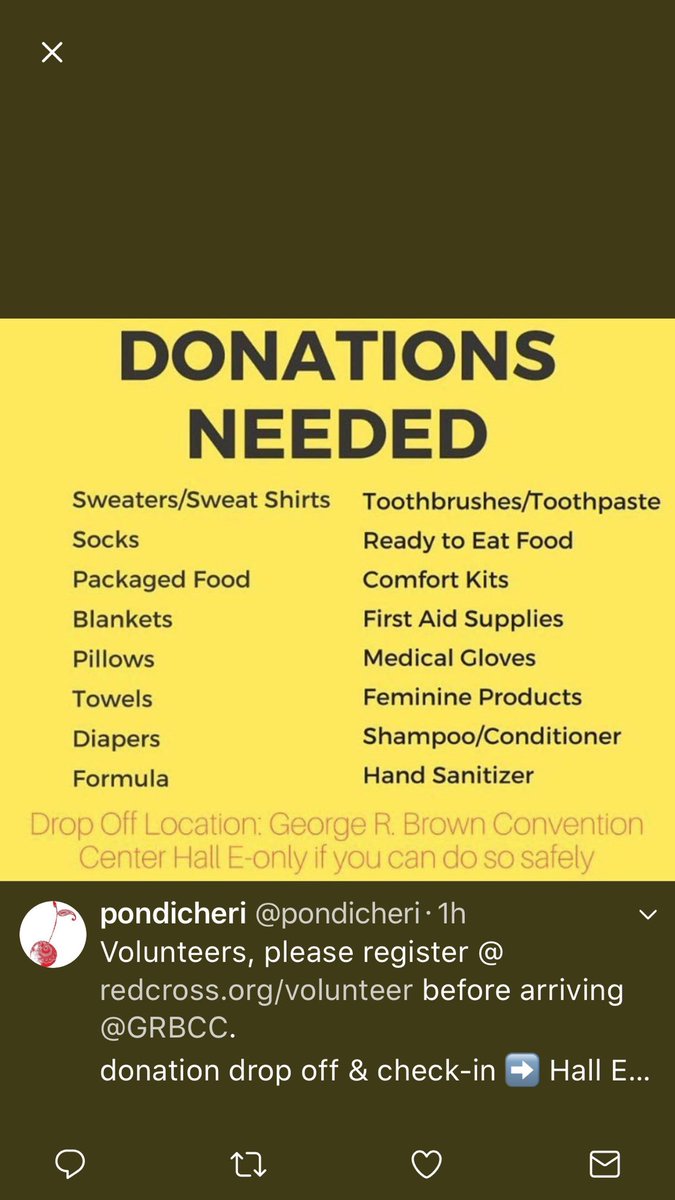 TTMF_Cheita's tweet photo. RT @sbisdathletics: Items needed @ George R. Brown Convention Center. Donate only if you can do so safely. https://t.co/fe1EPvNnzi