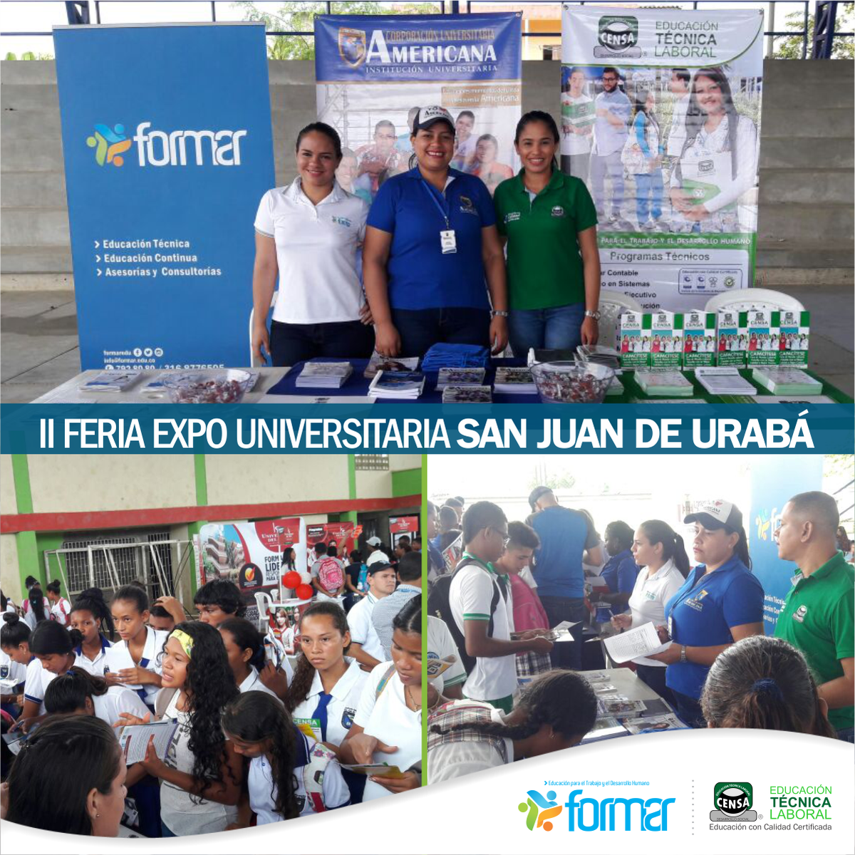 FORMAREDU's tweet photo. FORMAR en alianza con CENSA y la CORPORACION UNIVERSITARIA AMERICANA, presentes en la II FERIA EXPO UNIVERSITARIA SAN JUAN DE URABÁ https://t.co/FeQkJmyfaq